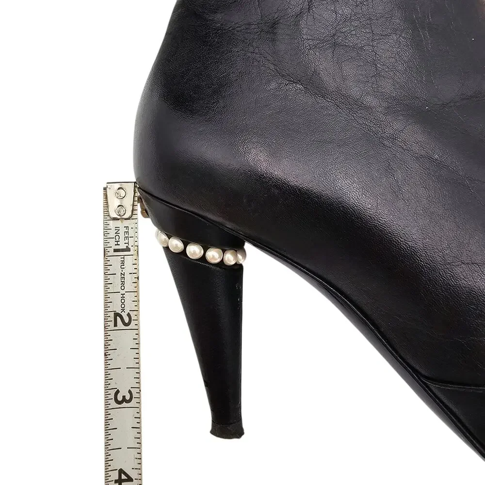 Chanel Pearl Ankle Boot Black Leather Size 38 US 7 7.5